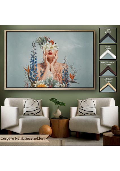 Siyah Çerçeveli Çiçekler Içindeki Güzel Kadın Portresi Kanvas Tablo