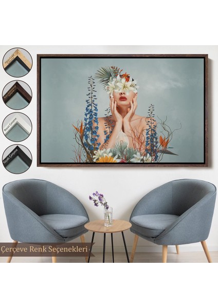 Siyah Çerçeveli Çiçekler Içindeki Güzel Kadın Portresi Kanvas Tablo