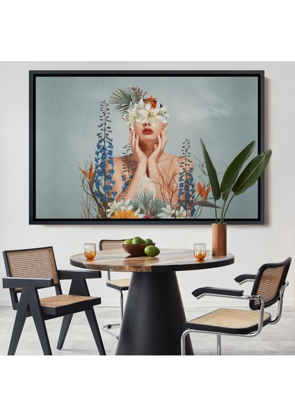 Siyah Çerçeveli Çiçekler Içindeki Güzel Kadın Portresi Kanvas Tablo