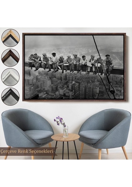 Siyah Çerçeveli Bir Gökdelenin Tepesinde Öğle Yemeği New York Kanvas Tablo