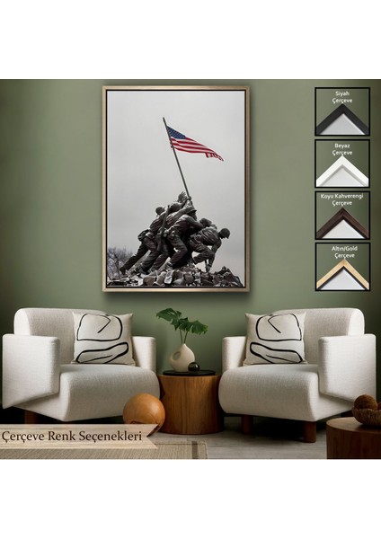 Siyah Çerçeveli Amerika Bayrağı Diken Askerler Dekoratif Duvar Tablosu