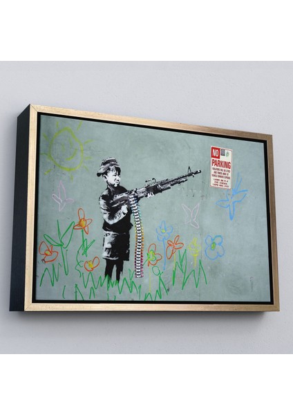 Altın Çerçeveli Bansky'nin Makineli Tüfekli Çocuk Isimli Eseri Kanvas Tablo, No Parking