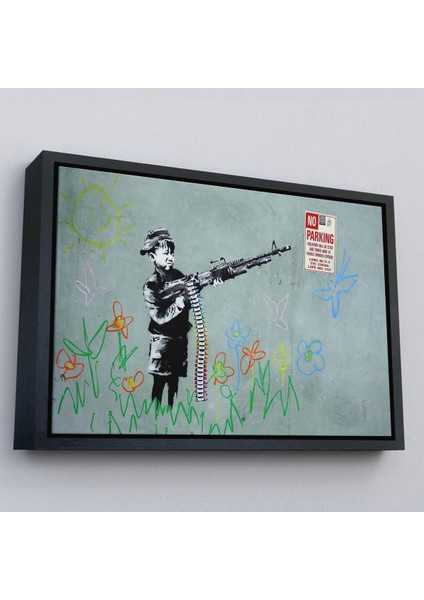 Altın Çerçeveli Bansky'nin Makineli Tüfekli Çocuk Isimli Eseri Kanvas Tablo, No Parking fiyatları