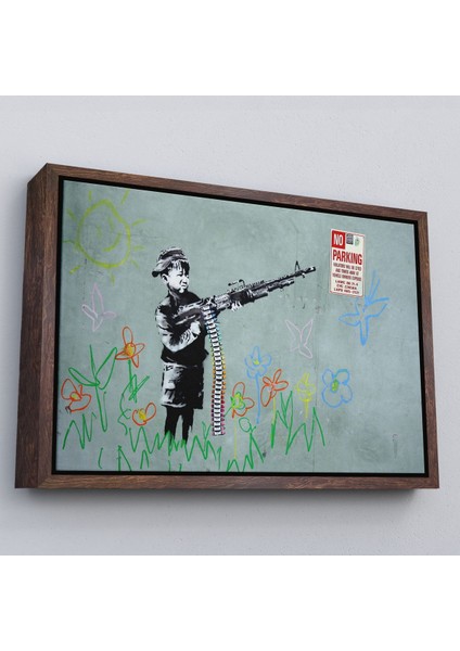 Altın Çerçeveli Bansky'nin Makineli Tüfekli Çocuk Isimli Eseri Kanvas Tablo, No Parking fırsatları
