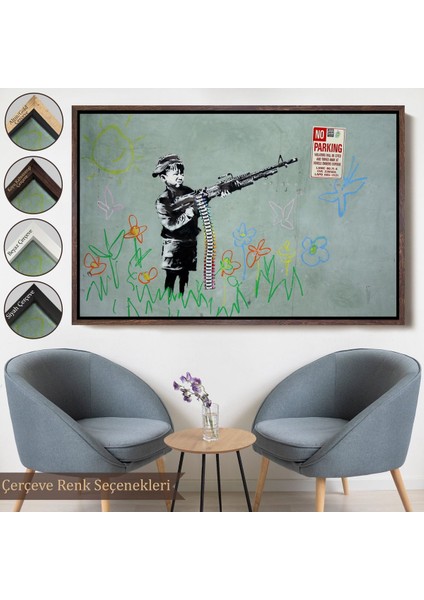 Altın Çerçeveli Bansky'nin Makineli Tüfekli Çocuk Isimli Eseri Kanvas Tablo, No Parking