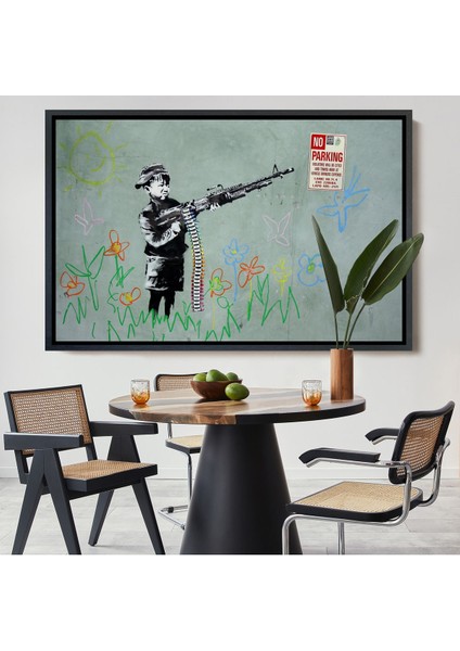Altın Çerçeveli Bansky'nin Makineli Tüfekli Çocuk Isimli Eseri Kanvas Tablo, No Parking