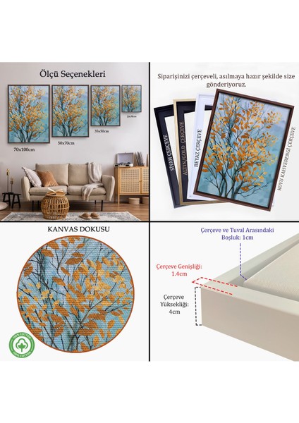 Beyaz Çerçeveli Turuncu Yapraklar Soyut Dekoratif Kanvas Tbalo indirimleri