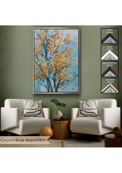 Beyaz Çerçeveli Turuncu Yapraklar Soyut Dekoratif Kanvas Tbalo