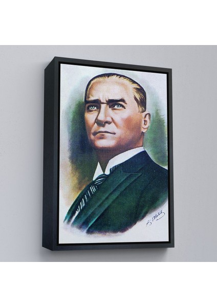 Siyah Çerçeveli Atatürk Portre Tablosu Mustafa Kemal Atatürk Dikdörtgen Dekoratif Kanvas Tablo