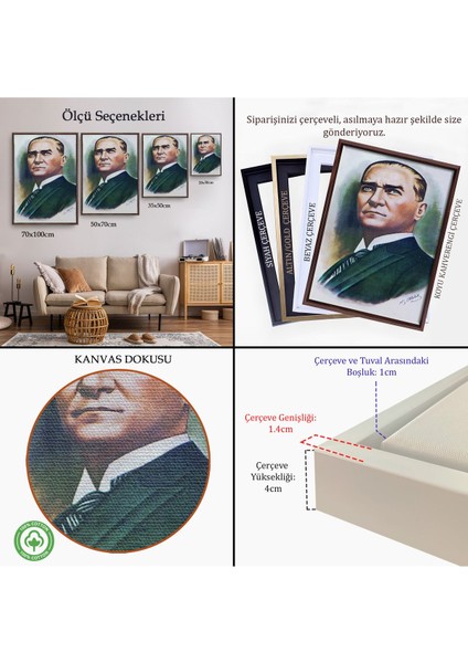 Siyah Çerçeveli Atatürk Portre Tablosu Mustafa Kemal Atatürk Dikdörtgen Dekoratif Kanvas Tablo indirimleri