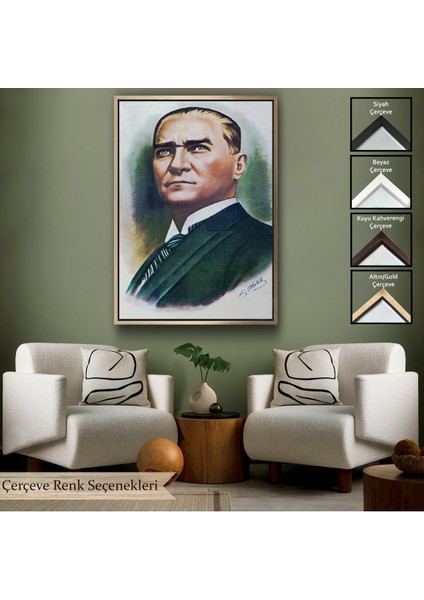 Siyah Çerçeveli Atatürk Portre Tablosu Mustafa Kemal Atatürk Dikdörtgen Dekoratif Kanvas Tablo