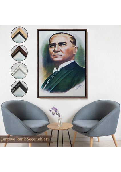 Siyah Çerçeveli Atatürk Portre Tablosu Mustafa Kemal Atatürk Dikdörtgen Dekoratif Kanvas Tablo