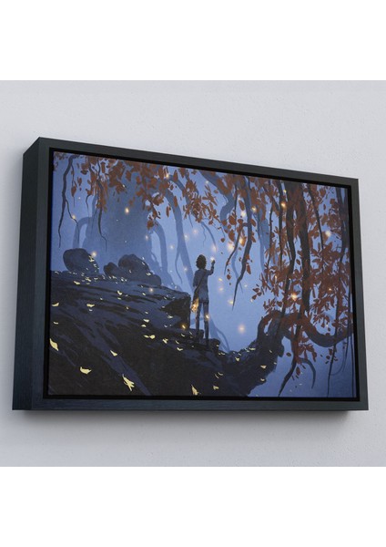 Siyah Çerçeveli Ağaçlardan Düşen Parlak Yaprakları Toplayan Kadın Tablosu