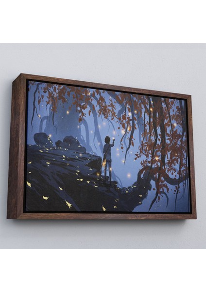 Siyah Çerçeveli Ağaçlardan Düşen Parlak Yaprakları Toplayan Kadın Tablosu modelleri