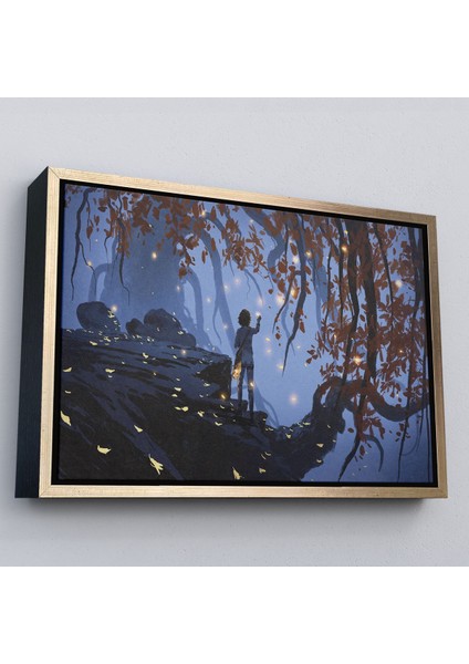 Siyah Çerçeveli Ağaçlardan Düşen Parlak Yaprakları Toplayan Kadın Tablosu fırsatları