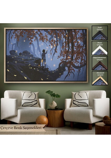 Siyah Çerçeveli Ağaçlardan Düşen Parlak Yaprakları Toplayan Kadın Tablosu