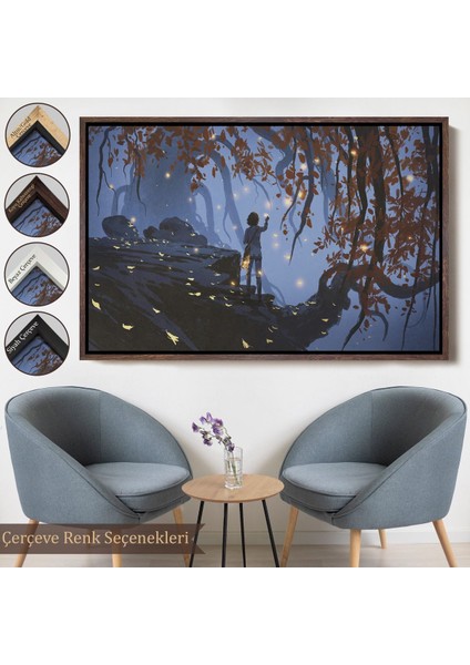 Siyah Çerçeveli Ağaçlardan Düşen Parlak Yaprakları Toplayan Kadın Tablosu