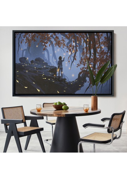 Siyah Çerçeveli Ağaçlardan Düşen Parlak Yaprakları Toplayan Kadın Tablosu