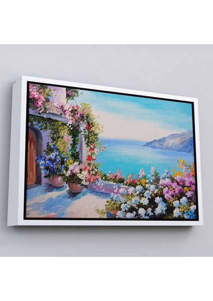 Beyaz Çerçeveli Deniz Manzaralı Güzel Ev Dekoratif Kanvas Duvar Tablosu