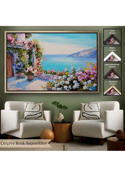 Beyaz Çerçeveli Deniz Manzaralı Güzel Ev Dekoratif Kanvas Duvar Tablosu