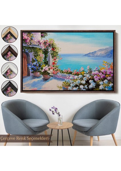 Beyaz Çerçeveli Deniz Manzaralı Güzel Ev Dekoratif Kanvas Duvar Tablosu