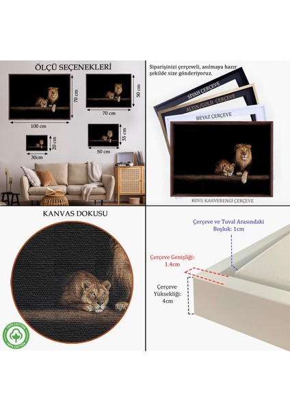 Kahverengi Çerçeveli Aslanlar Dekoratif Kanvas Tablo indirimleri