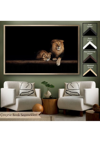 Kahverengi Çerçeveli Aslanlar Dekoratif Kanvas Tablo