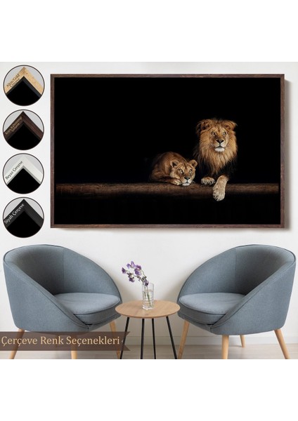 Kahverengi Çerçeveli Aslanlar Dekoratif Kanvas Tablo