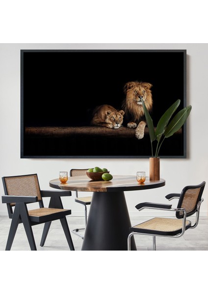 Kahverengi Çerçeveli Aslanlar Dekoratif Kanvas Tablo