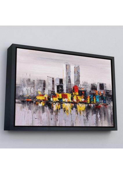 Siyah Çerçeveli New York Şehir Manzarası Yağlıboya Görünüm Dekoratif Kanvas Duvar Tablosu