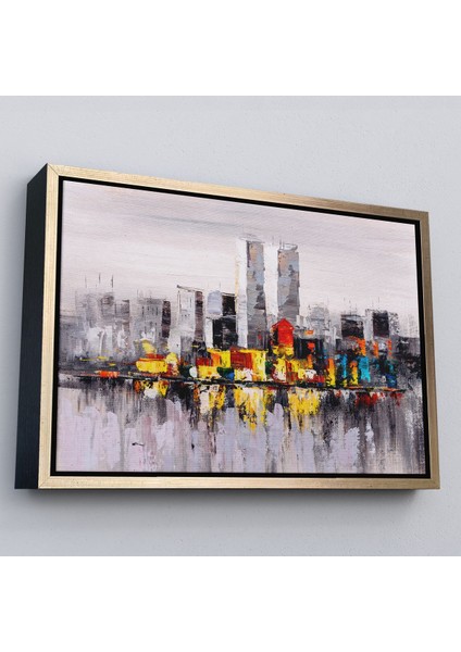Siyah Çerçeveli New York Şehir Manzarası Yağlıboya Görünüm Dekoratif Kanvas Duvar Tablosu fırsatları