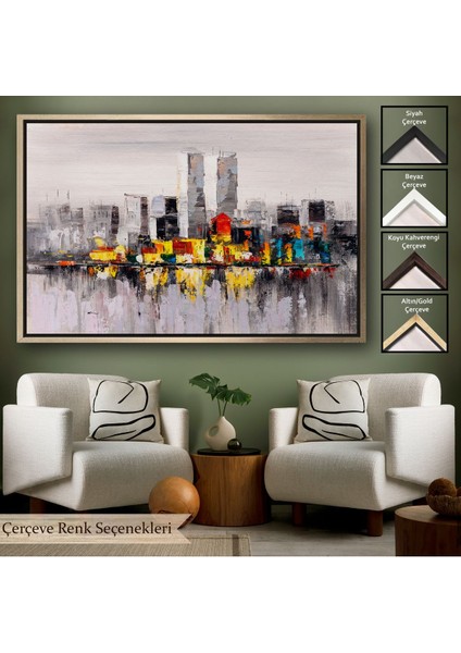 Siyah Çerçeveli New York Şehir Manzarası Yağlıboya Görünüm Dekoratif Kanvas Duvar Tablosu