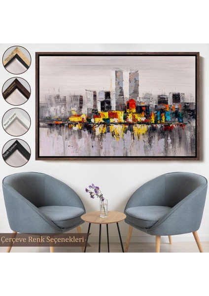 Siyah Çerçeveli New York Şehir Manzarası Yağlıboya Görünüm Dekoratif Kanvas Duvar Tablosu