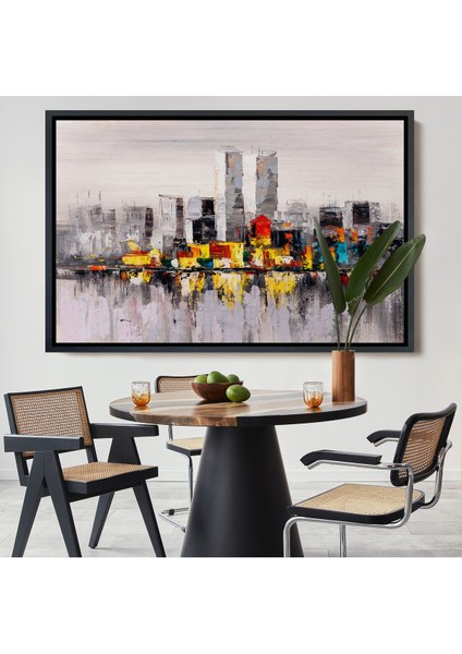 Siyah Çerçeveli New York Şehir Manzarası Yağlıboya Görünüm Dekoratif Kanvas Duvar Tablosu