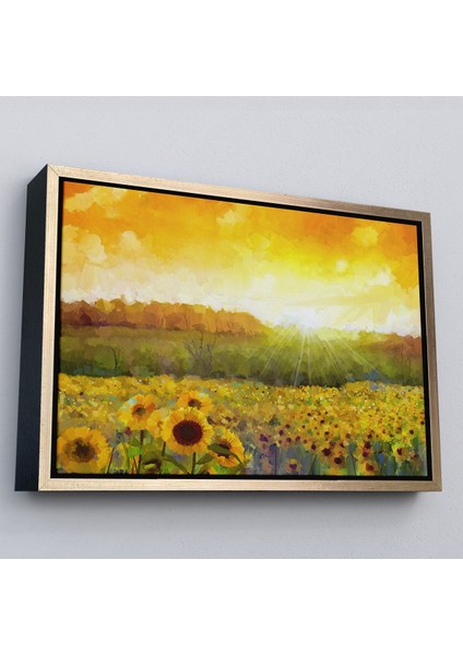 Altın Çerçeveli Ayçiçeği Tarlası Yağlıboya Görünüm Dekoratif Kanvas Tablo