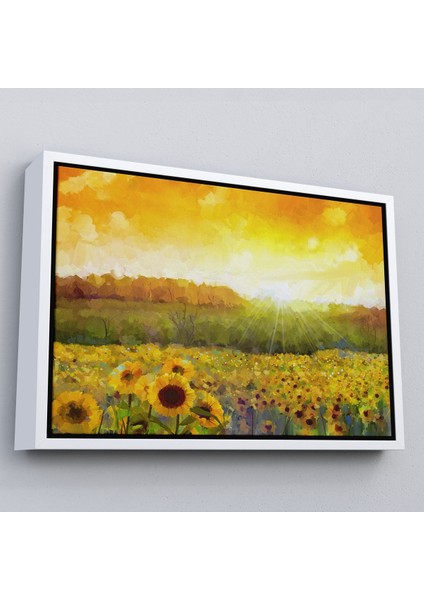 Altın Çerçeveli Ayçiçeği Tarlası Yağlıboya Görünüm Dekoratif Kanvas Tablo modelleri