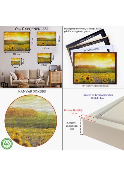 Altın Çerçeveli Ayçiçeği Tarlası Yağlıboya Görünüm Dekoratif Kanvas Tablo indirimleri