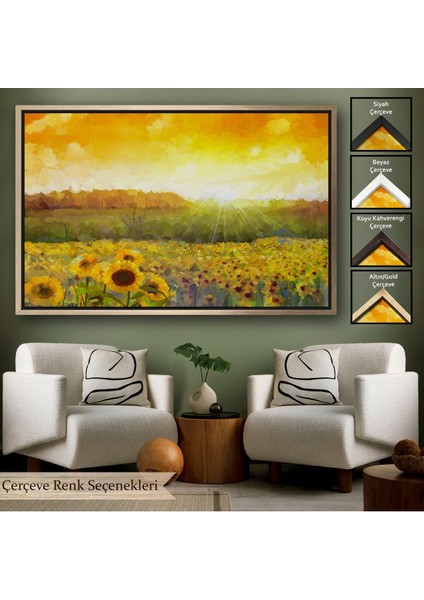 Altın Çerçeveli Ayçiçeği Tarlası Yağlıboya Görünüm Dekoratif Kanvas Tablo