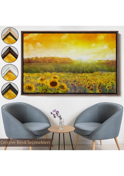 Altın Çerçeveli Ayçiçeği Tarlası Yağlıboya Görünüm Dekoratif Kanvas Tablo