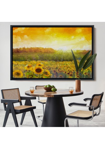 Altın Çerçeveli Ayçiçeği Tarlası Yağlıboya Görünüm Dekoratif Kanvas Tablo
