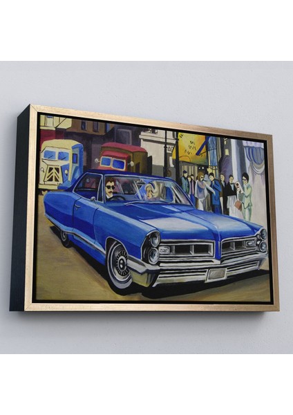 Altın Çerçeveli Fırça Darbeleri ile Soyut Yağlıboya Görünüm Dekoratif Kanvas Duvar Tablosu