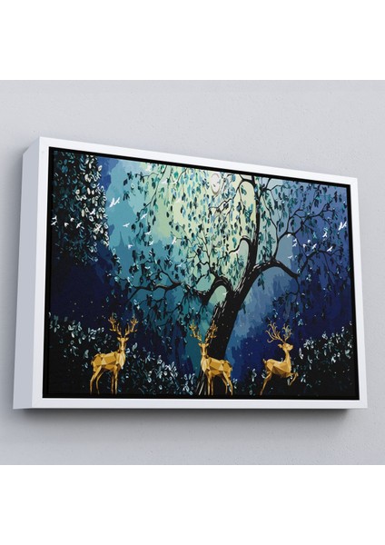 Beyaz Çerçeveli Modern Soyut Tarzda Altın Geyikler Dekoratif Tablo