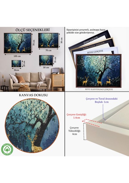 Beyaz Çerçeveli Modern Soyut Tarzda Altın Geyikler Dekoratif Tablo indirimleri