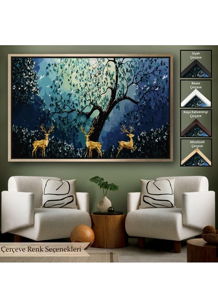 Beyaz Çerçeveli Modern Soyut Tarzda Altın Geyikler Dekoratif Tablo