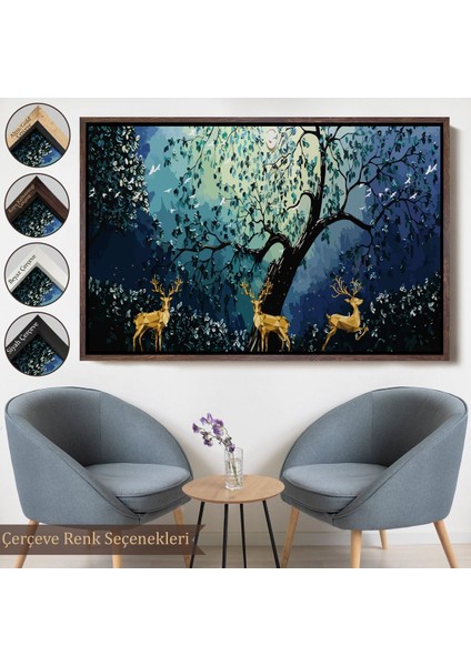 Beyaz Çerçeveli Modern Soyut Tarzda Altın Geyikler Dekoratif Tablo