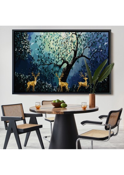 Beyaz Çerçeveli Modern Soyut Tarzda Altın Geyikler Dekoratif Tablo