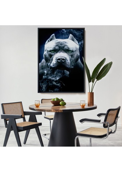 Beyaz Çerçeveli Pit Bull Yeşil Gözlü Amerikan Bully Köpek Kanvas Tablo