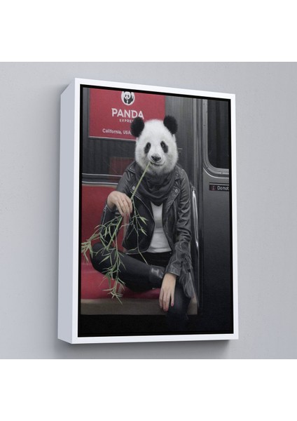 Beyaz Çerçeveli Gerçek Metroda Panda Başlı Insan Kanvas Tablo