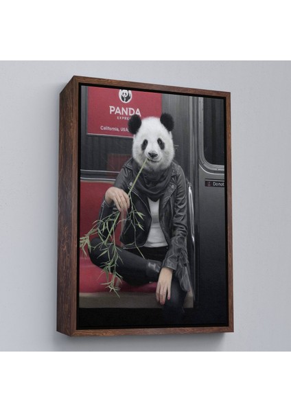 Beyaz Çerçeveli Gerçek Metroda Panda Başlı Insan Kanvas Tablo fiyatları