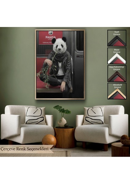 Beyaz Çerçeveli Gerçek Metroda Panda Başlı Insan Kanvas Tablo